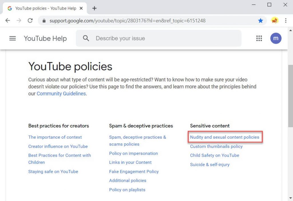 YouTube nudity and sexual content policies