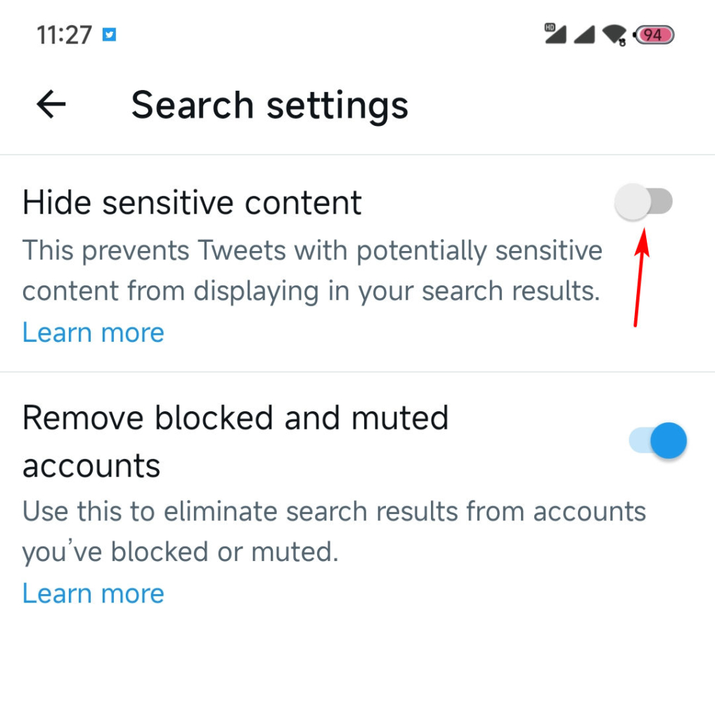04 Toggle off the option to search for sensitive content on Twitter